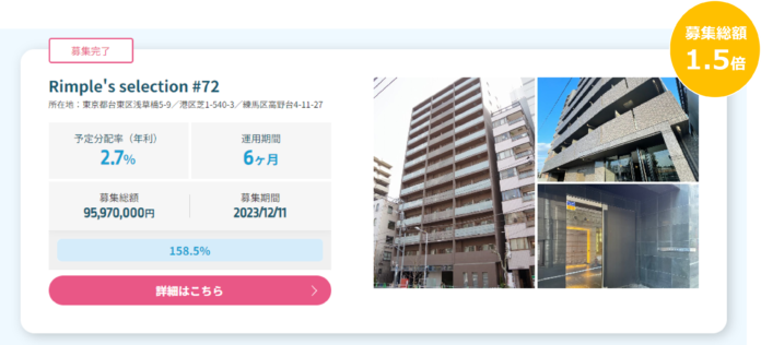 プロパティエージェントの展開する不動産クラウドファンディング「Rimple」Rimple’s Selection#72 募集総額158.5％の1.52億円の応募のメイン画像