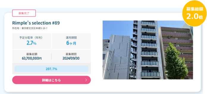 プロパティエージェントの展開する不動産クラウドファンディングRimple’s Selection#89募集総額207.7％の1.32億円の応募のメイン画像