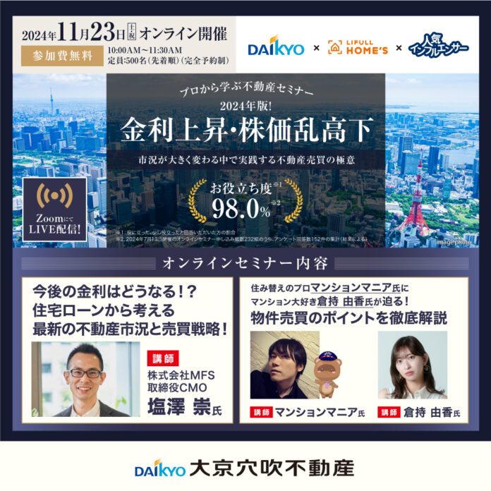 【11/23(土・祝)10時】金利上昇・株価乱高下～市況が大きく変わる中で実践する不動産売買の極意～（無料オンラインセミナー）のメイン画像