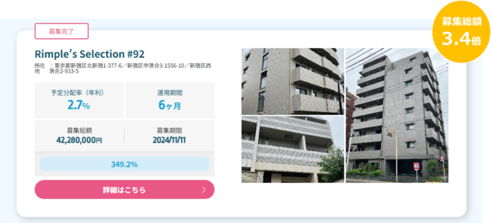 プロパティエージェントの展開する不動産クラウドファンディングRimple’s Selection#92募集総額349.2％の1.47億円の応募のメイン画像