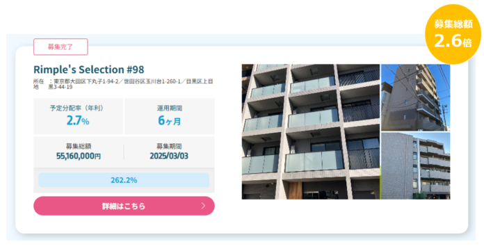 プロパティエージェントの展開する不動産クラウドファンディングRimple’s Selection#98募集総額262.2％の1.44億円の応募のメイン画像