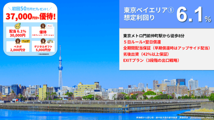 『らくたま23号（東京ベイエリア①）』の募集が、7月18日よりスタート！初回50万円のご投資で、配当やデジタルギフト37,000円分に加え、優待特典がもらえる「らくたまデビューキャンペーン」実施中！のメイン画像