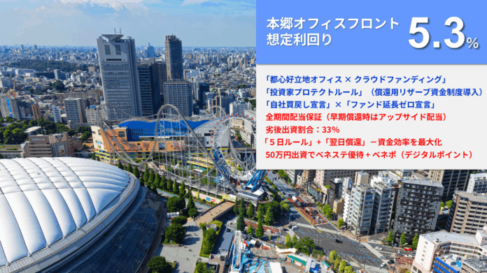 新ファンド公開『らくたま29号（本郷オフィスフロント）』10月14日12時より募集スタート！「翌日償還」「優先劣後システム」「全期間配当保証」を採用した高機能ファンドで資金効率最大化を目指しますのメイン画像